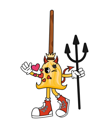 Halloween broom character in devil costume in 70s cartoon style. Funny character in retro style....