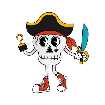 Halloween character skull in pirate costume with saber in 70s cartoon style. Funny character in retro style. Vector illustration isolated on white backgroundのイラスト素材