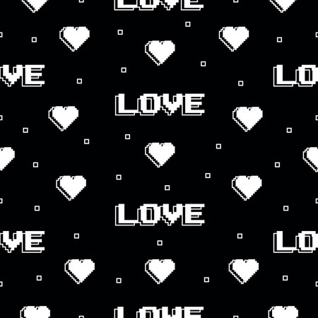 Seamless pattern in 2000s style with hearts and the word love on a black background. Vector illustration for Valentine's Day. Template for card, fabric, textile, wallpaper, paper, packagingのイラスト素材