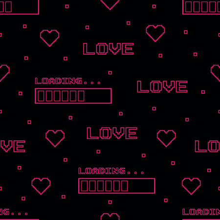 Seamless pattern in y2k style with hearts, word love and download icon on black background. Vector illustration for Valentine's Day. Template for card, fabric, textile, wallpaper, paper, packagingのイラスト素材