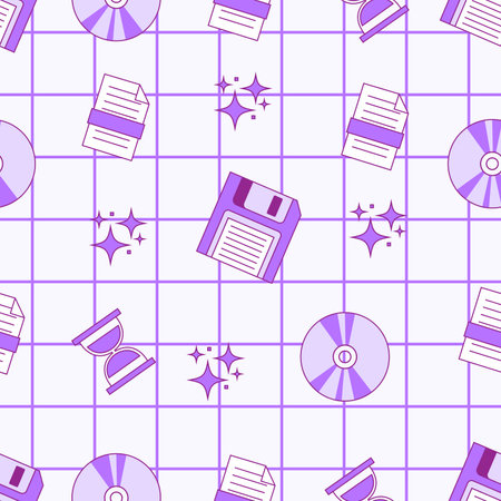 Seamless pattern with old computer elements in y2k style. Template for card, fabric, textile, wallpaper, paper, packagingのイラスト素材