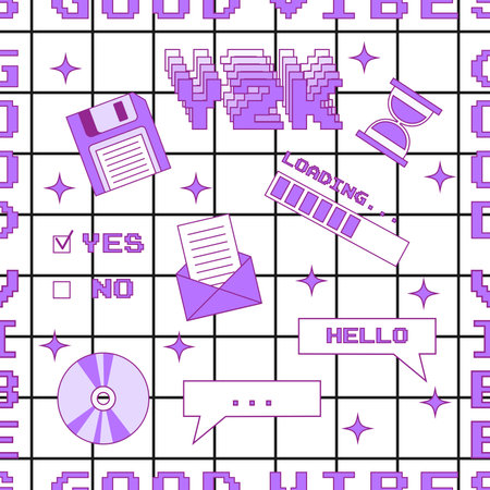 Seamless pattern in trendy y2k style with old computer aesthetic UI elements. Template for card, fabric, textile, wallpaper, paper, packagingのイラスト素材