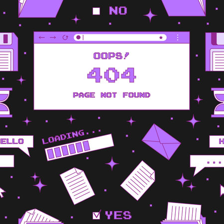 Seamless pattern with web browser window with 404 error. Template for card, fabric, textile, wallpaper, paper, packagingのイラスト素材