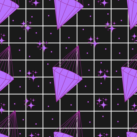Seamless pattern in trendy y2k style on a black checkered background. Template for card, fabric, textile, wallpaper, paper, packagingのイラスト素材