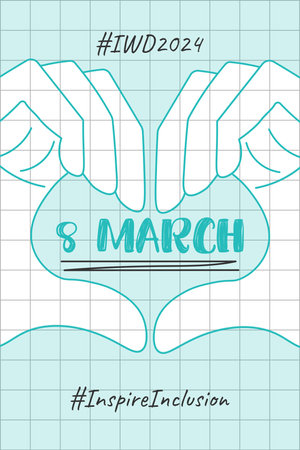 Poster for International Women's Day 2024. Postcard for March 8th. Hands showing heart sign. Inspire inclusion. Vector illustrationのイラスト素材