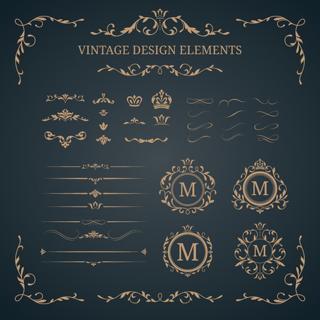 Vintage set of decorative elements. Wedding monograms. Calligraphic elegant ornaments.のイラスト素材