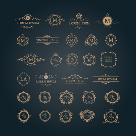 Set of elegant floral monograms and borders. Design templates for invitations, menus, labels. Wedding monograms. Monogram identity for restaurant, hotel, heraldic, jewelry.のイラスト素材
