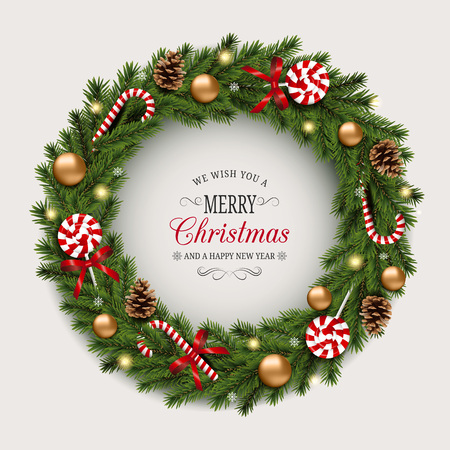 Christmas wreath with gold balls, candy canes and cones. Vector illustrationのイラスト素材