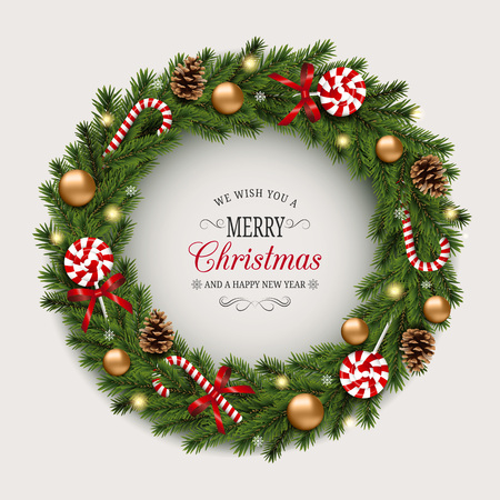 Christmas wreath with gold balls, candy canes and cones. Vector illustrationのイラスト素材