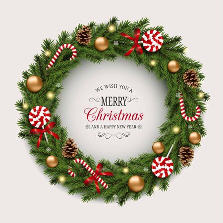 Christmas wreath with gold balls, candy canes and cones. Vector illustrationの写真素材