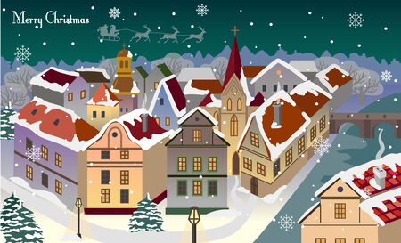 Vector Christmas card with a snowy old townのイラスト素材