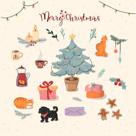 Christmas set with fir tree in brown flowerpot.のイラスト素材