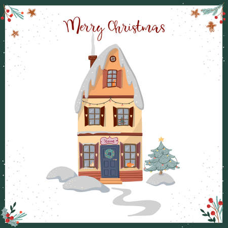 Christmas card with winter house and fir treeのイラスト素材