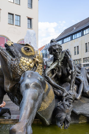 Ehekarussell fountain in Nuremberg, Bavaria, Germany, featuring married dramatic sculptures depicting Hans Sachs's poem on life at Am WeiÃen Turm.の写真素材