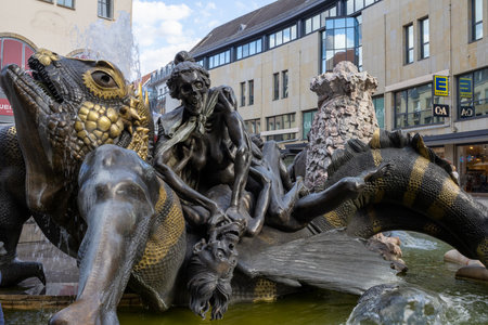 Ehekarussell fountain in Nuremberg, Bavaria, Germany, featuring dramatic sculptures depicting Hans Sachs's poem on life at Am Weißen Turm.の写真素材