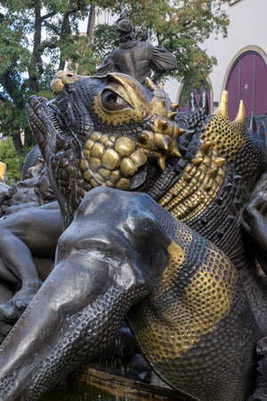 Ehekarussell fountain in Nuremberg, Bavaria, Germany, featuring married dramatic sculptures depicting Hans Sachs's poem on life at Am WeiÃen Turm.の写真素材