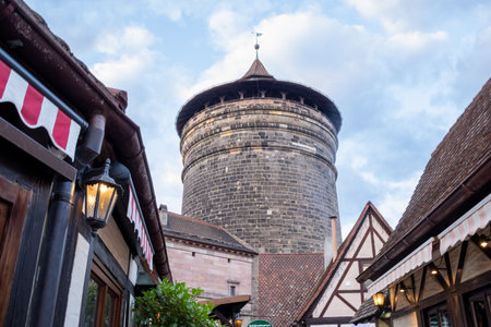 Handwerkerhof Nuremberg in Bavaria, Germany, featuring a cozy medieval village with traditional craft shops, timber-frame houses, and rustic restaurants.の写真素材