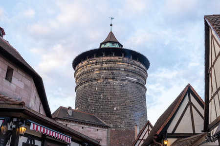 Handwerkerhof Nuremberg in Bavaria, Germany, featuring a cozy medieval village with traditional craft shops, timber-frame houses, and rustic restaurants.の写真素材