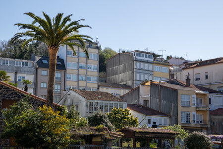 Scenic view of Ponte Vella bridge over Mandeo River in Betanzos, Galicia, Spain, surrounded by lush greenery and historic architecture.の写真素材