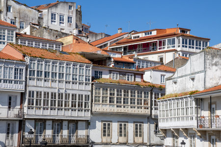 Scenic view from Praza a Enrique Ivntiga Eira Vella, Betanzos, Galicia, with riverside white homes.の写真素材