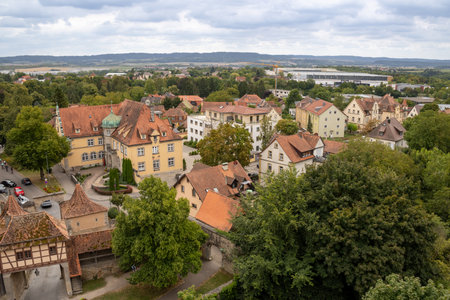 Panoramic view of Rothenburg ob der Tauber old town, Bavaria, Germany, seen from the historic RÃ¶derturm tower on the medieval city wall, charming travel destination.の写真素材