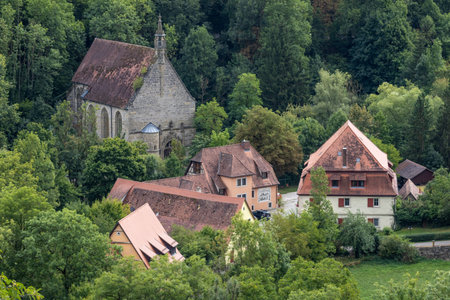 Panoramic viewpoint of Rothenburg ob der Tauber, Bavaria, Germany. Scenic medieval old town with historic rooftops and city walls, popular European travel destination and culturalの写真素材