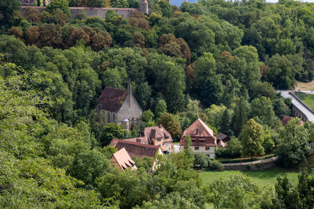 Panoramic viewpoint of Rothenburg ob der Tauber, Bavaria, Germany. Scenic medieval old town with historic rooftops and city walls, popular European travel destination and culturalの写真素材