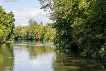 Boat tour on the river near Erba Island (Erbainsel) in Bamberg, Bavaria, Germany, scenic waterway...