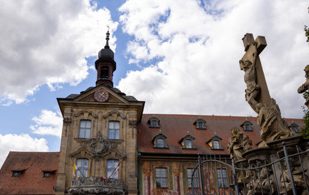 Altes Rathaus in Bamberg, Bavaria, Germany, iconic old town hall on an artificial island in the Regnitz River, connected by pedestrian bridges including Untere BrÃ¼ckeの写真素材