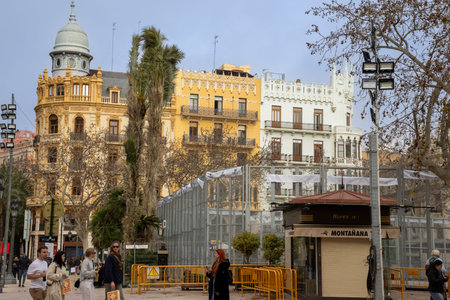 Valencia City Hall in Plaza del Ayuntamiento during Fallas. Crowds gather for the MascletÃ , a...