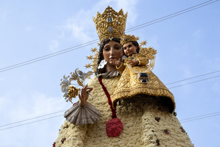Floral mantle of Our Lady of the Forsaken in Valencia's Plaza de la Virgen, made with carnations...