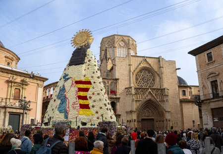 Floral mantle of Our Lady of the Forsaken in Valencia's Plaza de la Virgen, made with carnations...