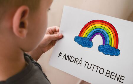 andra tutto bene, Everything is gonna be alright in hand drawing letters and a rainbow with clouds drawn by a child. quarantine corona virus flu, the covid 19.の写真素材