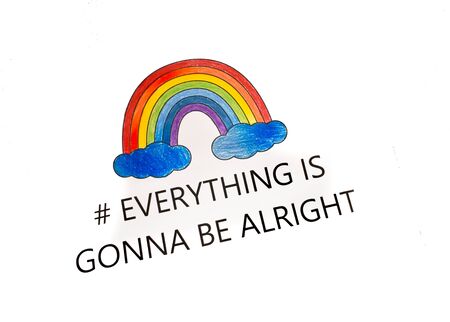Everything is gonna be alright in hand drawing letters and a rainbow with clouds drawn by a child. quarantine corona virus flu, the covid 19.の写真素材