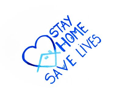 Stay home save lives. Self isolation and quarantine campaign to protect yourself and save lives. Handwritten brush lettering. Friendly and motivational messageの写真素材