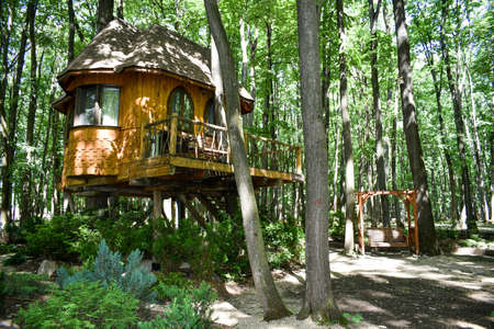 wooden house in the tree. Edenland Park in Bucharest, Romaniaの写真素材