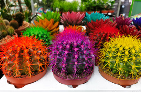 A group of colorful cacti
