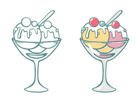 Hand drawn ice cream coloring page with sample. Vector illustration on white background.のイラスト素材