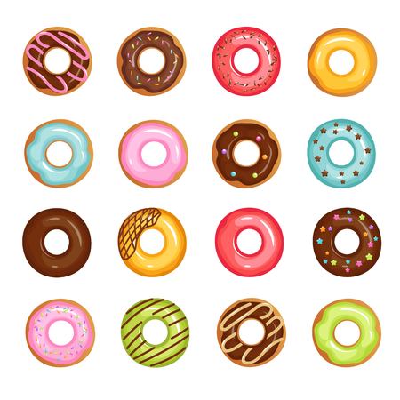 Cartoon glazed sweet donut isolated vector set. Donut dessert with chocolate and sugar illustration for your web design.のイラスト素材