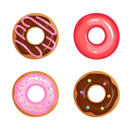 Cartoon glazed sweet donut isolated vector set. Donut dessert with chocolate and sugar illustration for your web design.のイラスト素材