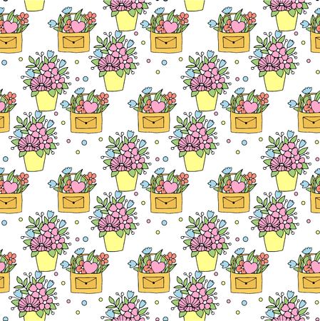 Hand drawn floral wallpaper with set of different flowers. Could be used as seamless wallpaper, textile, wrapping paper or backgroundのイラスト素材