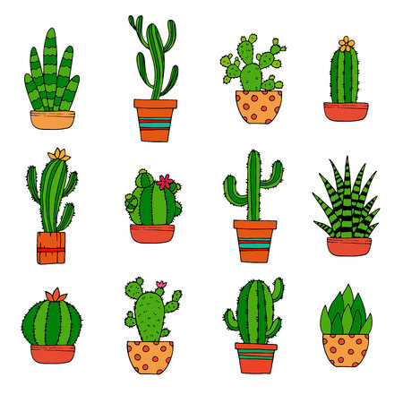 Cactus decorative home plant in pots flat vector icons. Cactus flora flower, flowerpot green and houseplant illustration on white, bright background.のイラスト素材