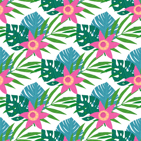 Vector seamless tropical pattern with white color at background, vivid tropic foliage, monstera leaf, palm leaves, bird of paradise flower, hibiscus in bloom. modern bright summer print designのイラスト素材