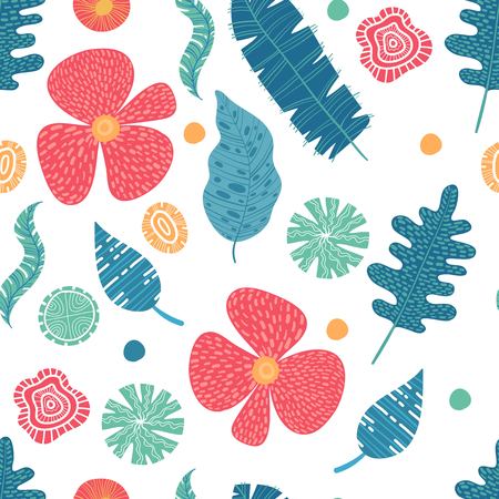 Exotic flowers hibiscus and plumeria banana leaves blue lime color tropical seamless pattern. Beach party background.のイラスト素材