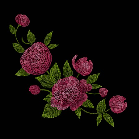 Embroidery floral pattern with peony on black background. Vector fashion ornament illustrationのイラスト素材