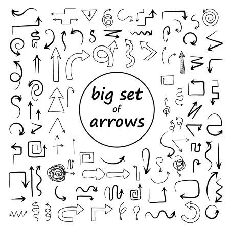 Doodle arrows set. Sketch swirly arrows black hand drawn curved pointer icons isolated on white background - Vector illustrationのイラスト素材
