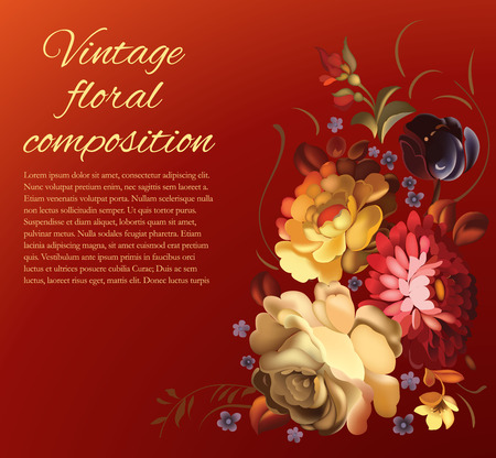 Beautiful card with a composition of different flowers of vintage garden. Vector illustrationのイラスト素材