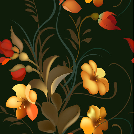 Floral textile seamless pattern in Russian Zhostovo style. Russian traditional ornament. Vector illustration.のイラスト素材