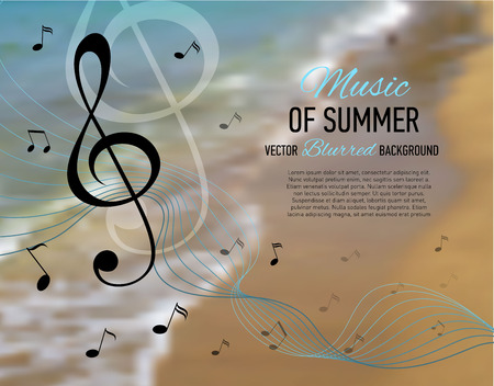 Music banner. Seaside blurred background with music notes and key. Designed text. Vector illustration.のイラスト素材