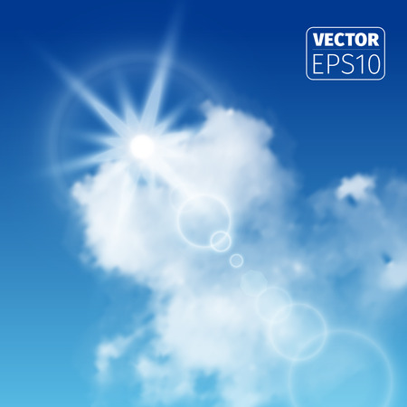 Realistic sun flare with clouds on blue sky. Vector illustration.のイラスト素材